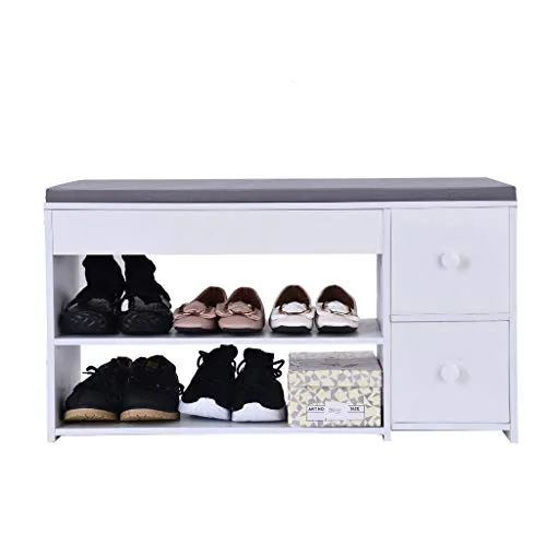 2 Tier Shoe Rack Bench with Cushion & 2 Drawer, shamoluotuo Shoe Organizer Sponge Padded Seat, Entryway Seat Storage Shelf, Storage Cabinet Hallway Furniture, Storage Stool for Home Entryway (White)