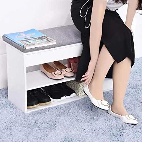 2 Tier Shoe Rack Bench with Cushion & 2 Drawer, shamoluotuo Shoe Organizer Sponge Padded Seat, Entryway Seat Storage Shelf, Storage Cabinet Hallway Furniture, Storage Stool for Home Entryway (White)