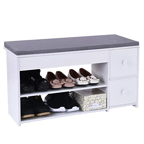 2 Tier Shoe Rack Bench with Cushion & 2 Drawer, shamoluotuo Shoe Organizer Sponge Padded Seat, Entryway Seat Storage Shelf, Storage Cabinet Hallway Furniture, Storage Stool for Home Entryway (White)