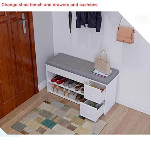 2 Tier Shoe Rack Bench with Cushion & 2 Drawer, shamoluotuo Shoe Organizer Sponge Padded Seat, Entryway Seat Storage Shelf, Storage Cabinet Hallway Furniture, Storage Stool for Home Entryway (White)