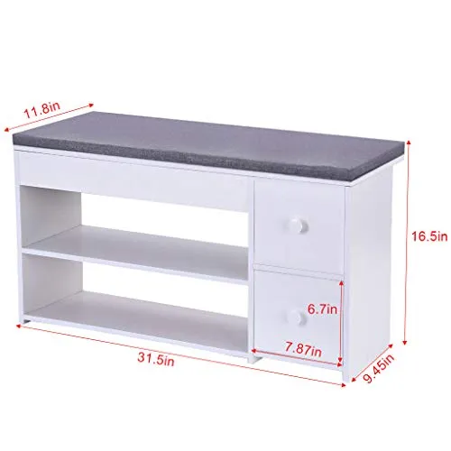 2 Tier Shoe Rack Bench with Cushion & 2 Drawer, shamoluotuo Shoe Organizer Sponge Padded Seat, Entryway Seat Storage Shelf, Storage Cabinet Hallway Furniture, Storage Stool for Home Entryway (White)