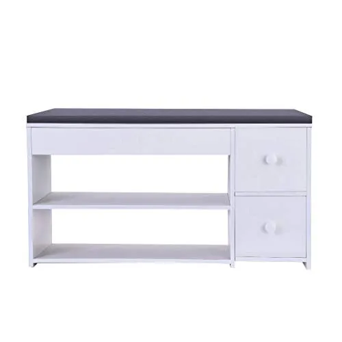 2 Tier Shoe Rack Bench with Cushion & 2 Drawer, shamoluotuo Shoe Organizer Sponge Padded Seat, Entryway Seat Storage Shelf, Storage Cabinet Hallway Furniture, Storage Stool for Home Entryway (White)