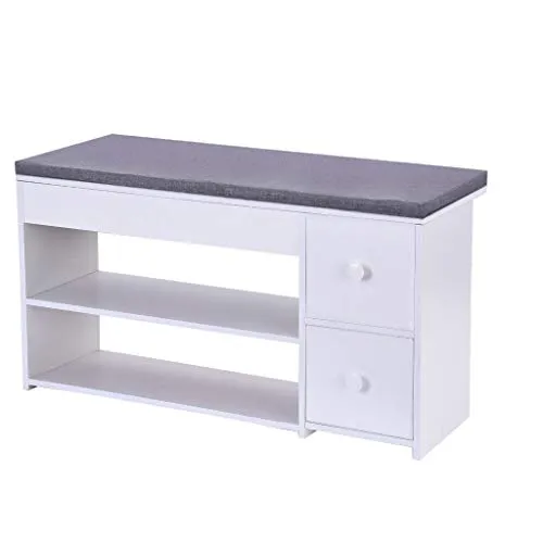 2 Tier Shoe Rack Bench with Cushion & 2 Drawer, shamoluotuo Shoe Organizer Sponge Padded Seat, Entryway Seat Storage Shelf, Storage Cabinet Hallway Furniture, Storage Stool for Home Entryway (White)