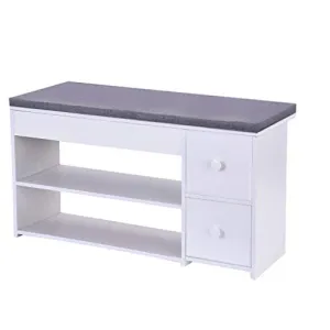 2 Tier Shoe Rack Bench with Cushion & 2 Drawer, shamoluotuo Shoe Organizer Sponge Padded Seat, Entryway Seat Storage Shelf, Storage Cabinet Hallway Furniture, Storage Stool for Home Entryway (White)