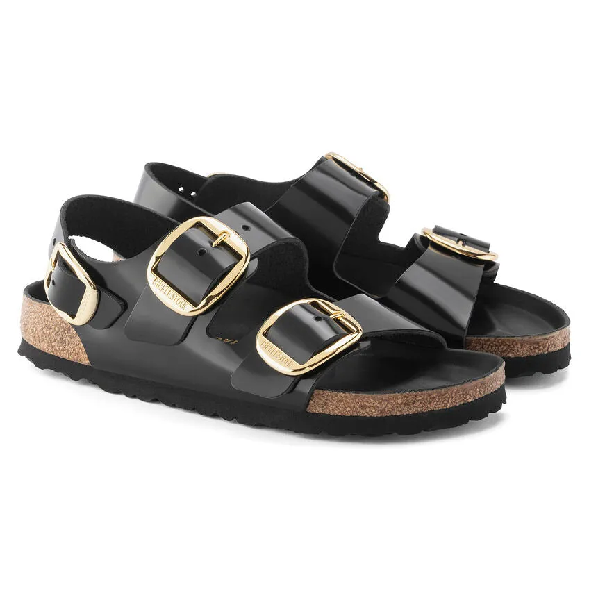 BIRKENSTOCK Milano Big Buckle High Shine Black Leather Patent Slides