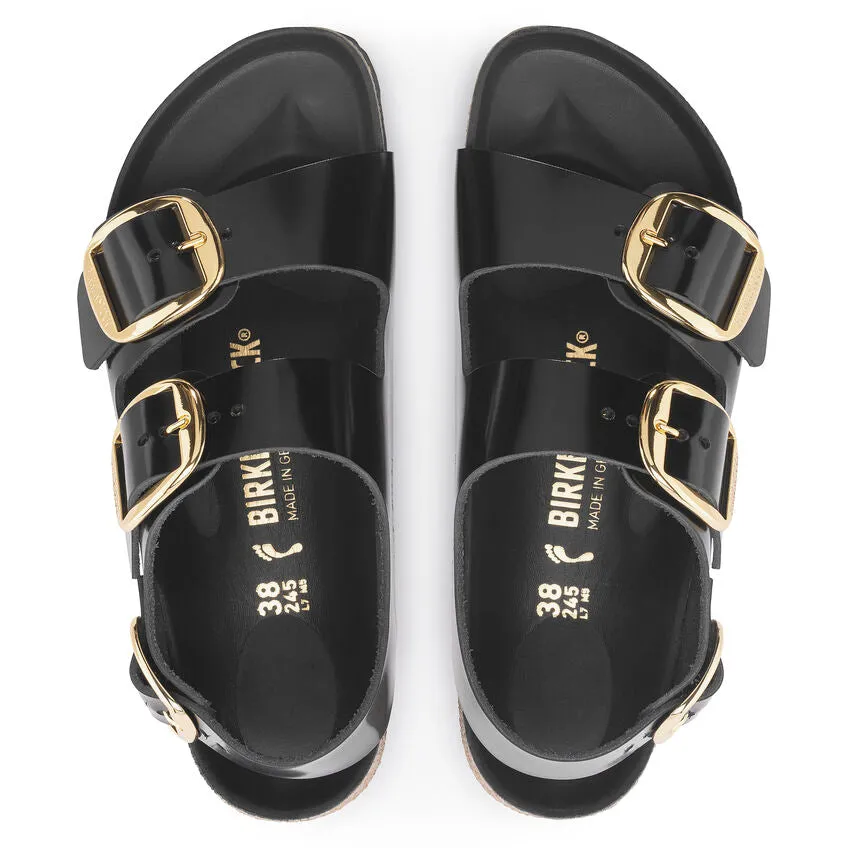 BIRKENSTOCK Milano Big Buckle High Shine Black Leather Patent Slides