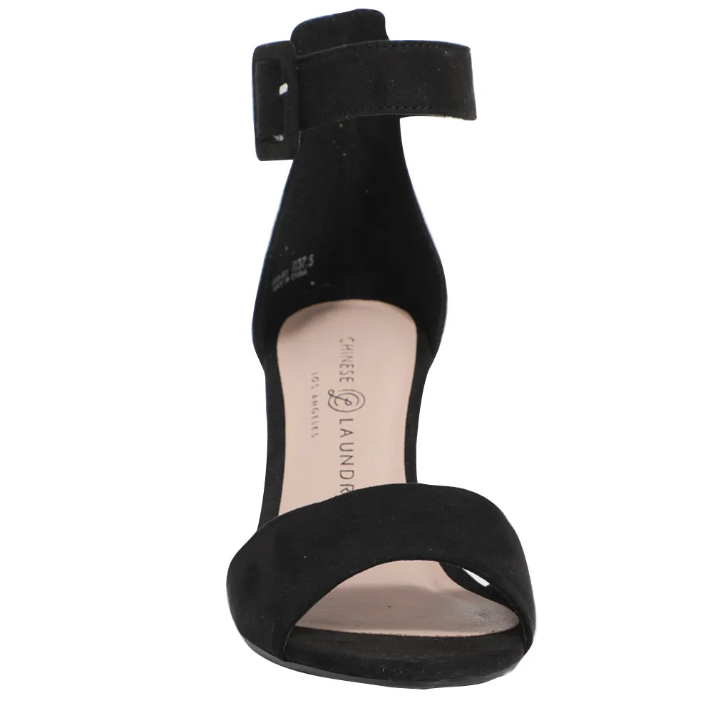 Chinese Laundry Raisie Fine Suede Ankle Strap Low Heel Sandal Heels - Black