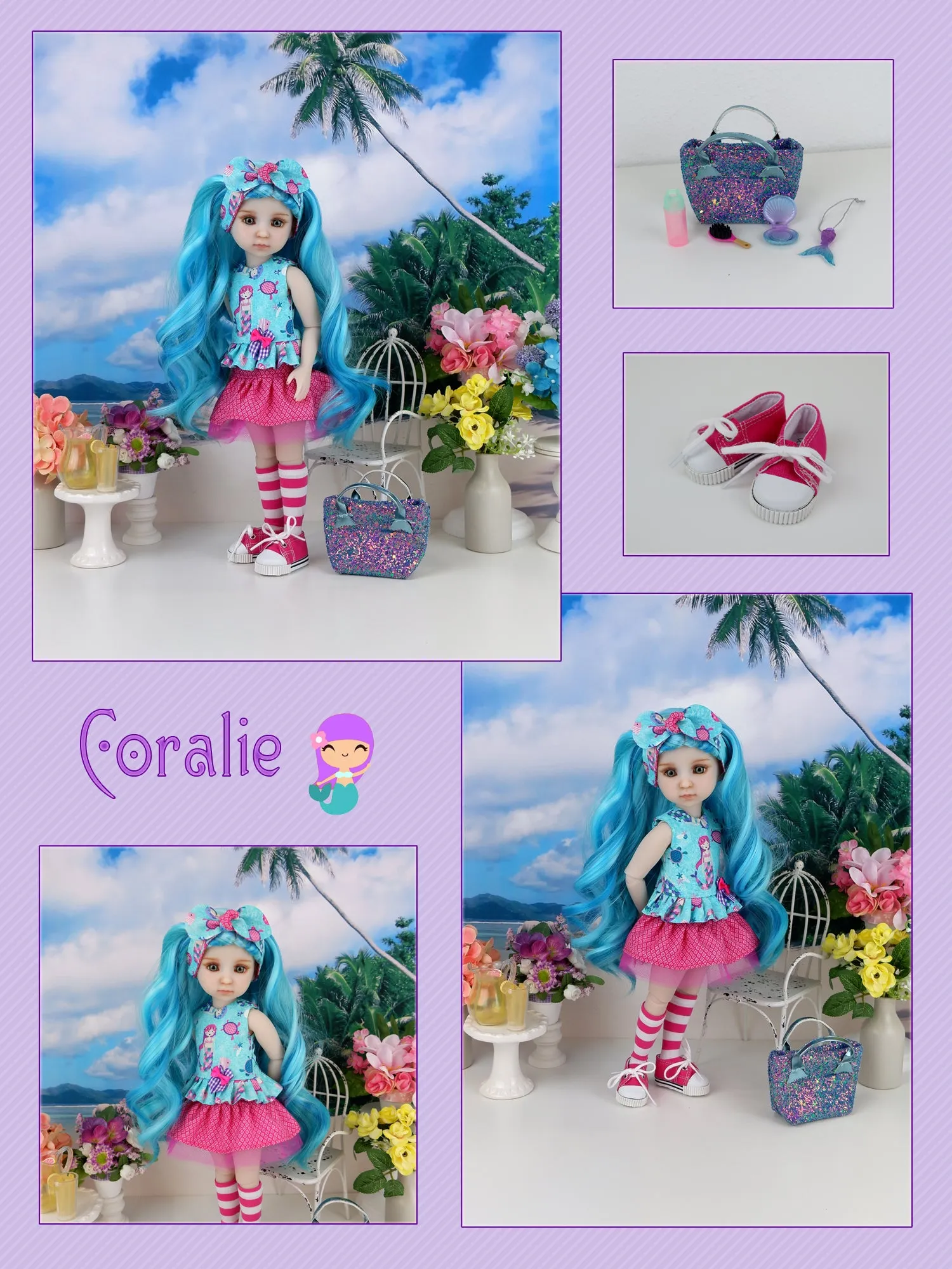 Coralie - custom mermaid theme Ruby Red Fashion Friend doll & wardrobe