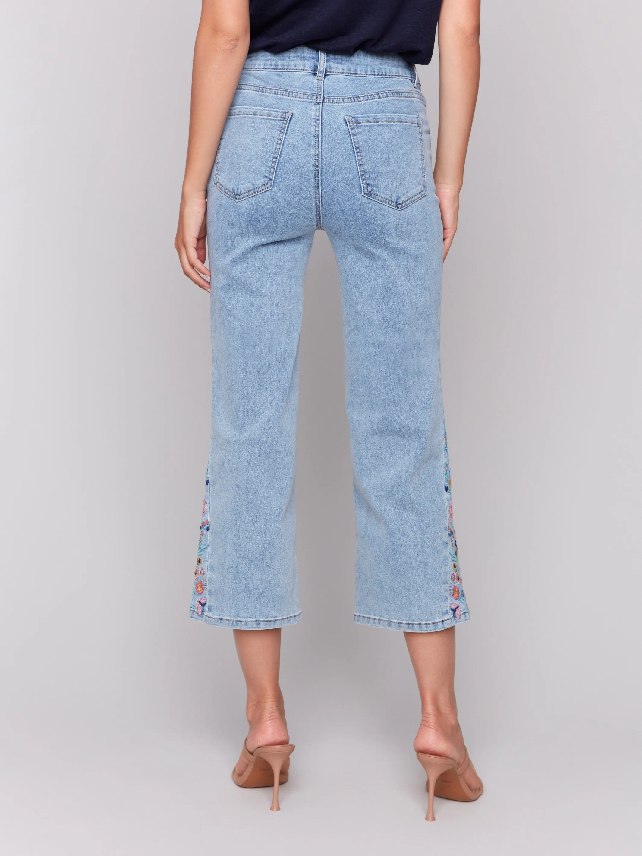 Cropped Flare Jeans with Side Cut Floral Embroidery - Light Blue