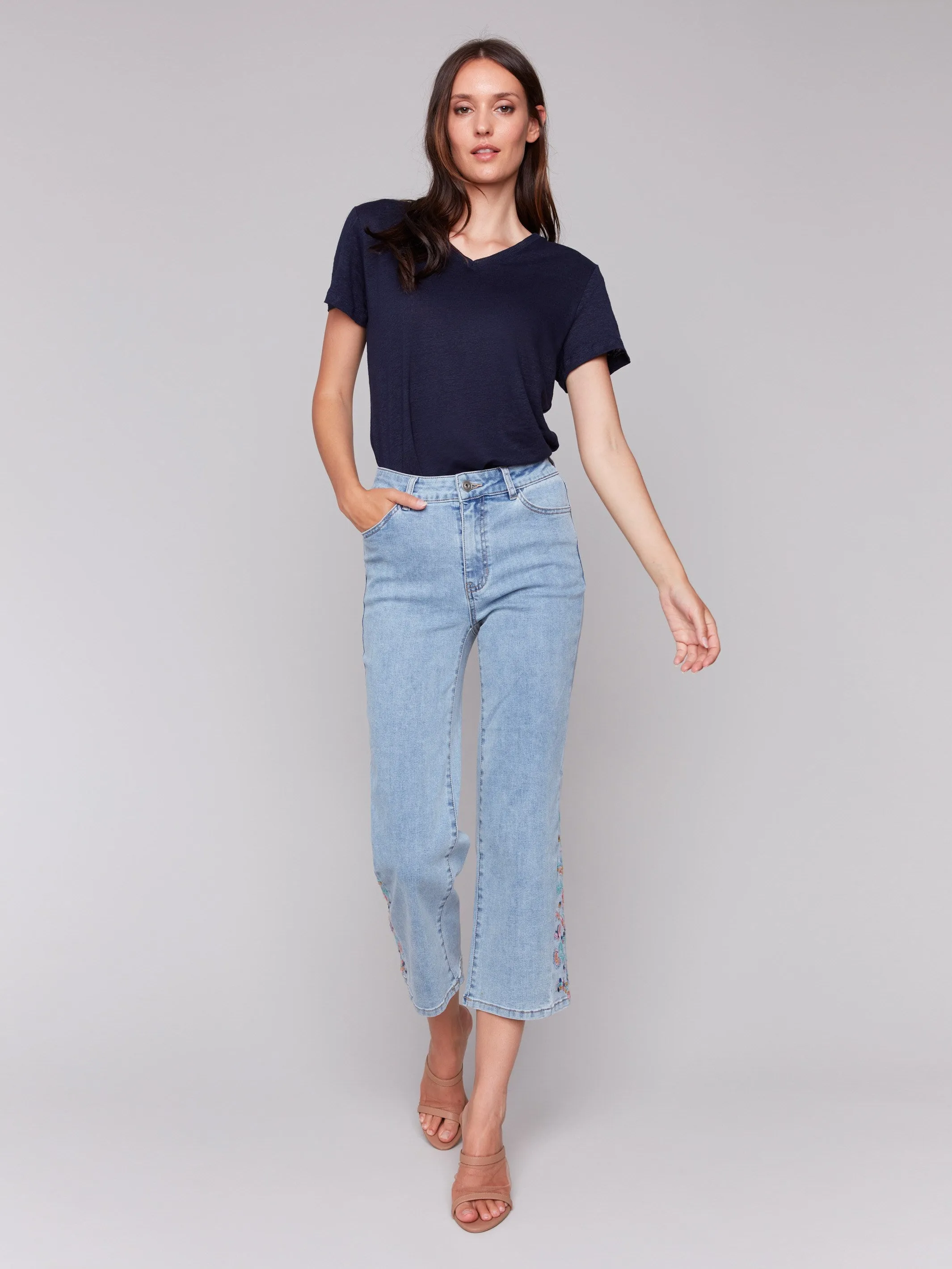Cropped Flare Jeans with Side Cut Floral Embroidery - Light Blue