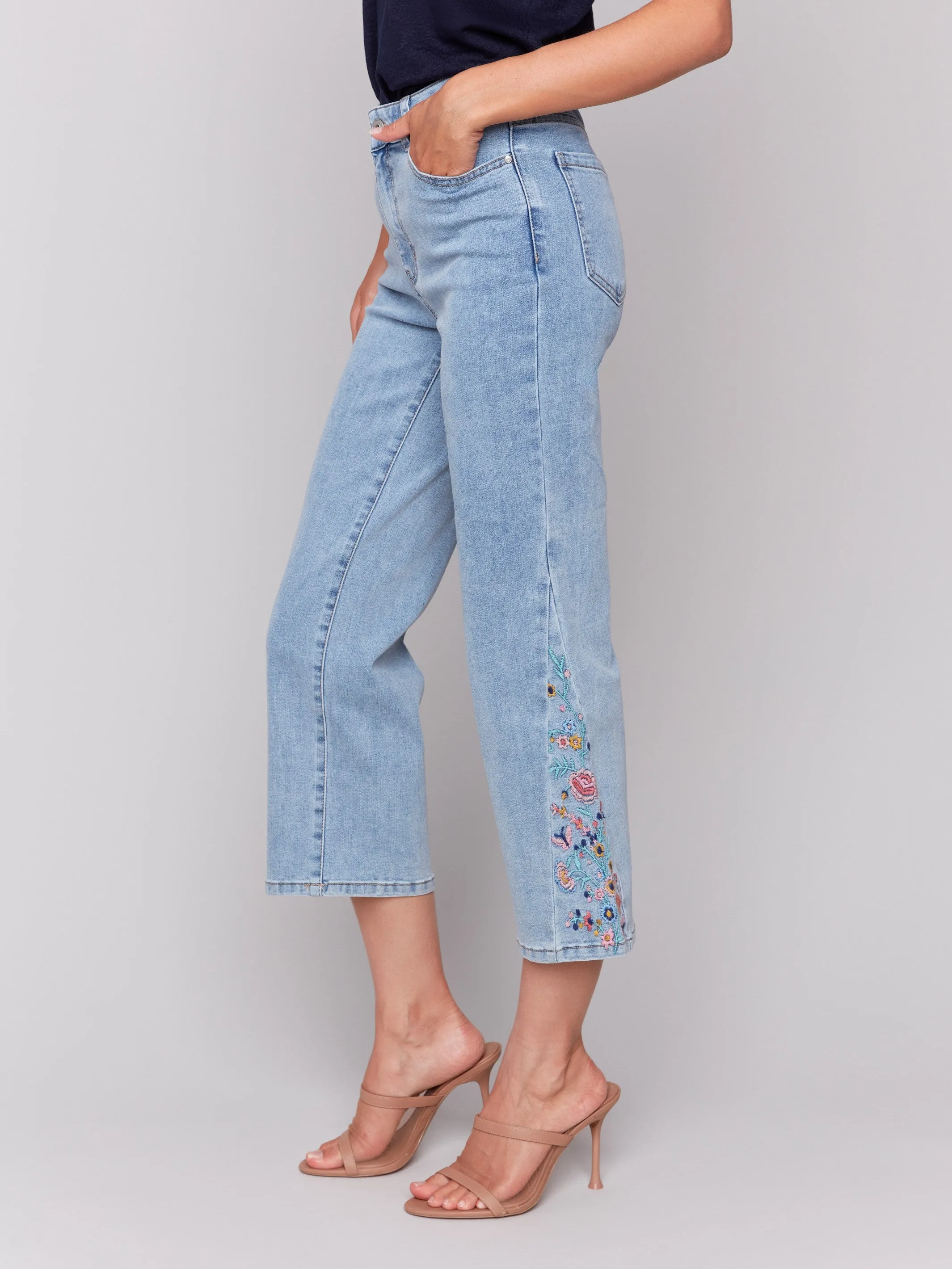 Cropped Flare Jeans with Side Cut Floral Embroidery - Light Blue