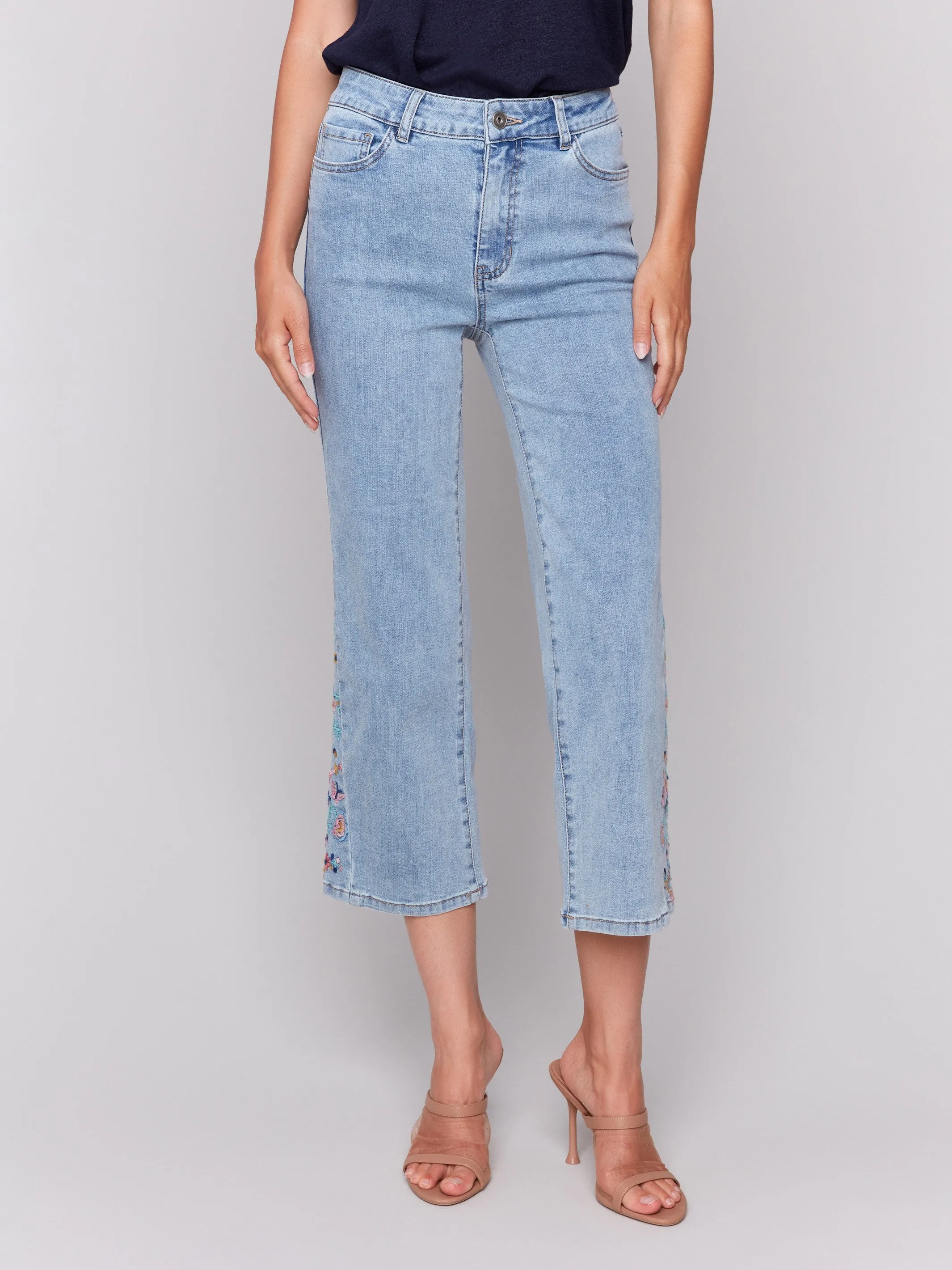 Cropped Flare Jeans with Side Cut Floral Embroidery - Light Blue