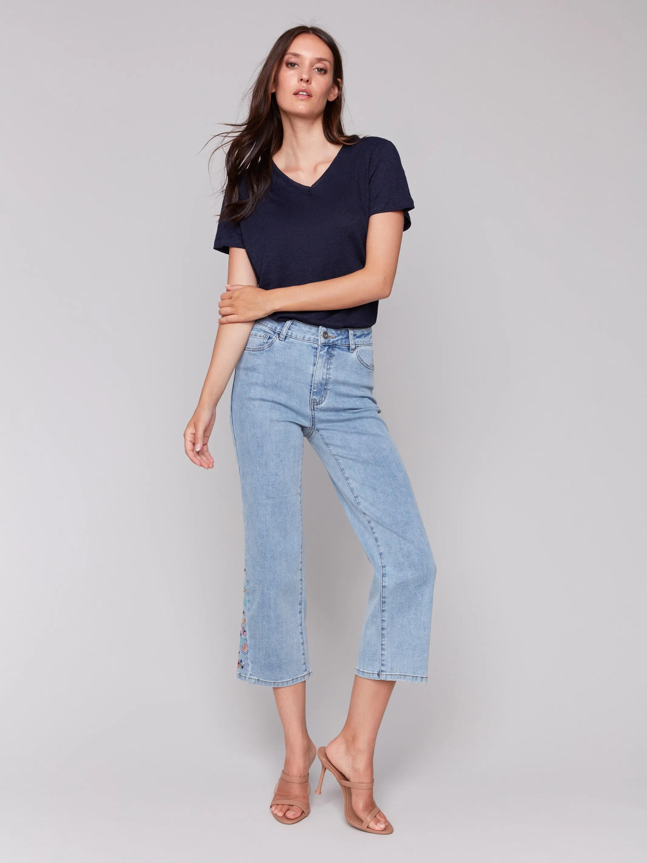 Cropped Flare Jeans with Side Cut Floral Embroidery - Light Blue