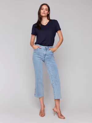 Cropped Flare Jeans with Side Cut Floral Embroidery - Light Blue
