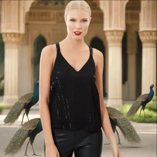 Geometric Beaded V-Neck Top