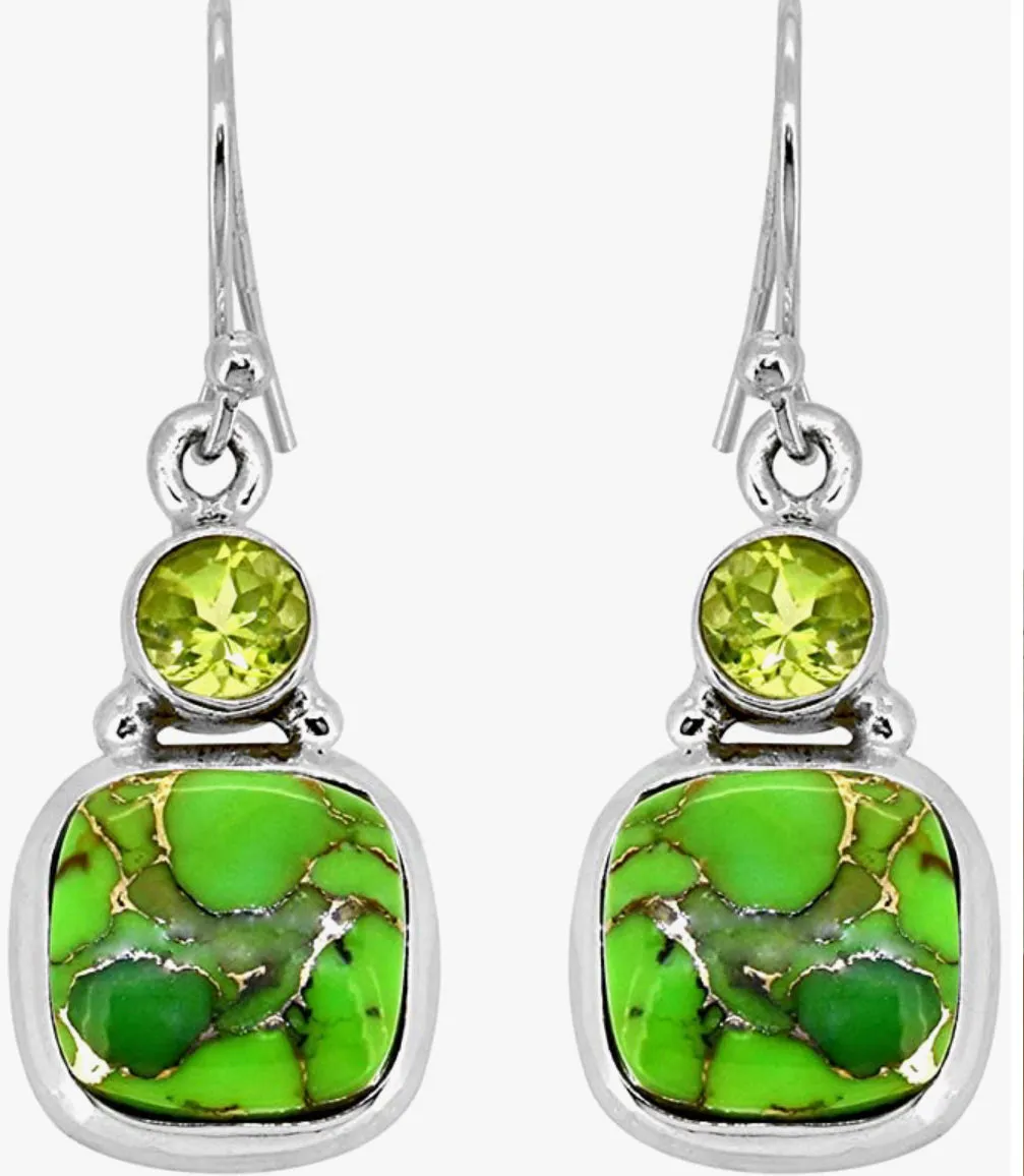 Green Copper Turquoise Peridot Solid 925 Sterling Silver Dangle Earrings