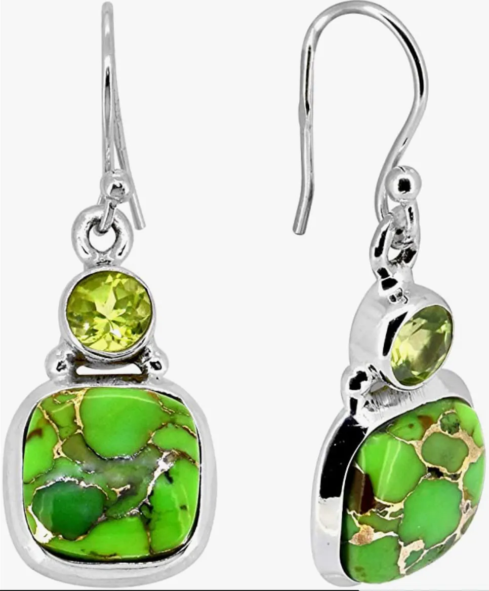 Green Copper Turquoise Peridot Solid 925 Sterling Silver Dangle Earrings