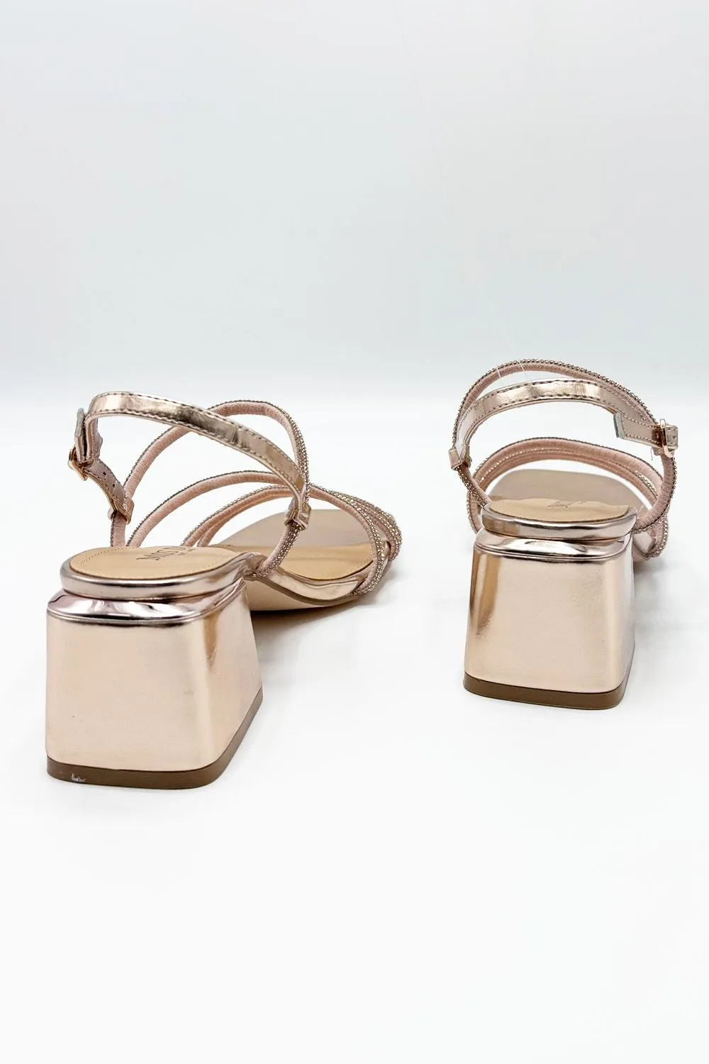 Irene Diamante Embellished 3 Strap Block Heel Sandals in Rose Gold