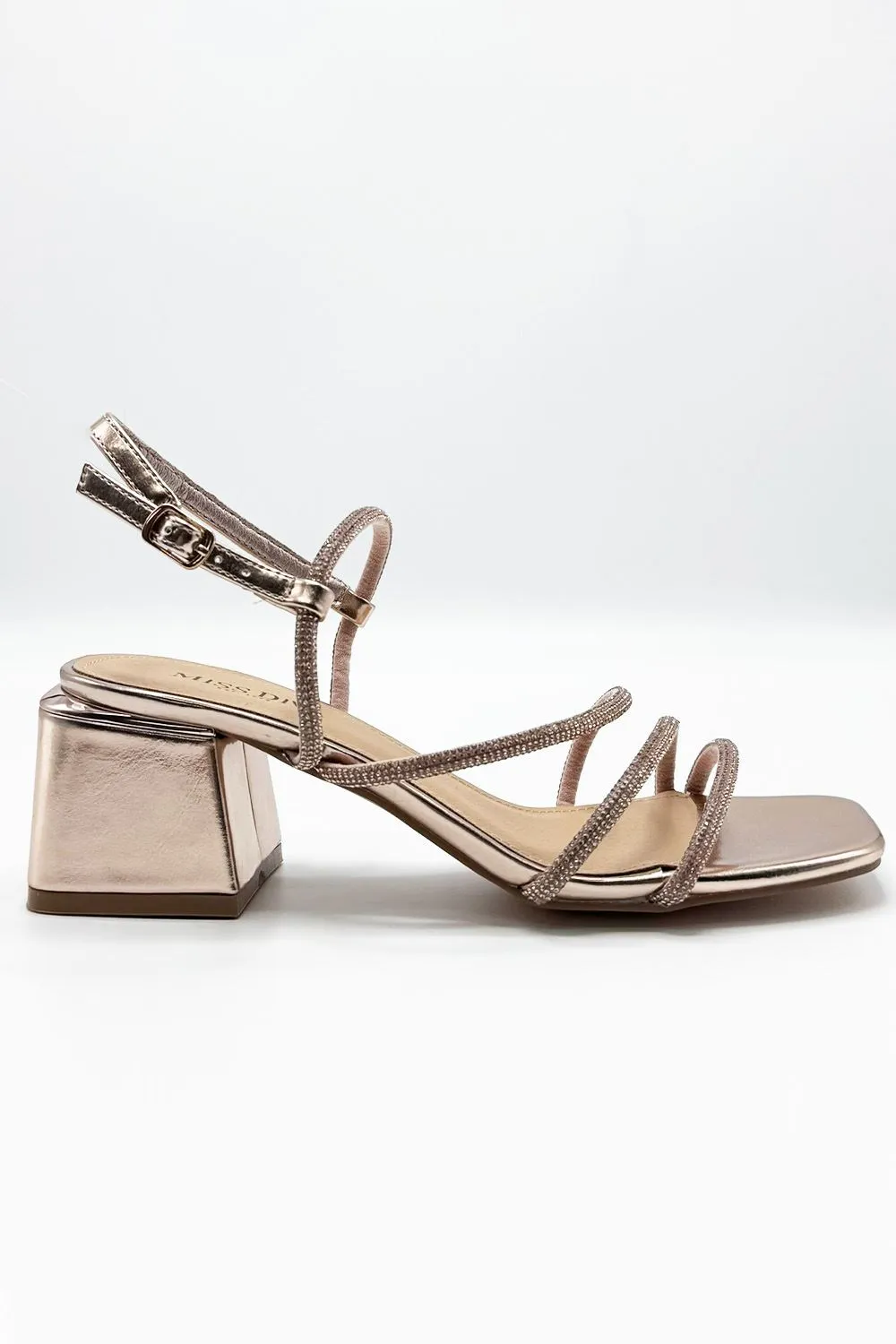 Irene Diamante Embellished 3 Strap Block Heel Sandals in Rose Gold