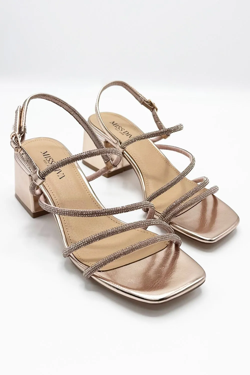 Irene Diamante Embellished 3 Strap Block Heel Sandals in Rose Gold