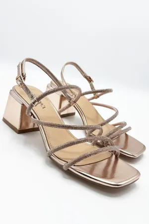 Irene Diamante Embellished 3 Strap Block Heel Sandals in Rose Gold