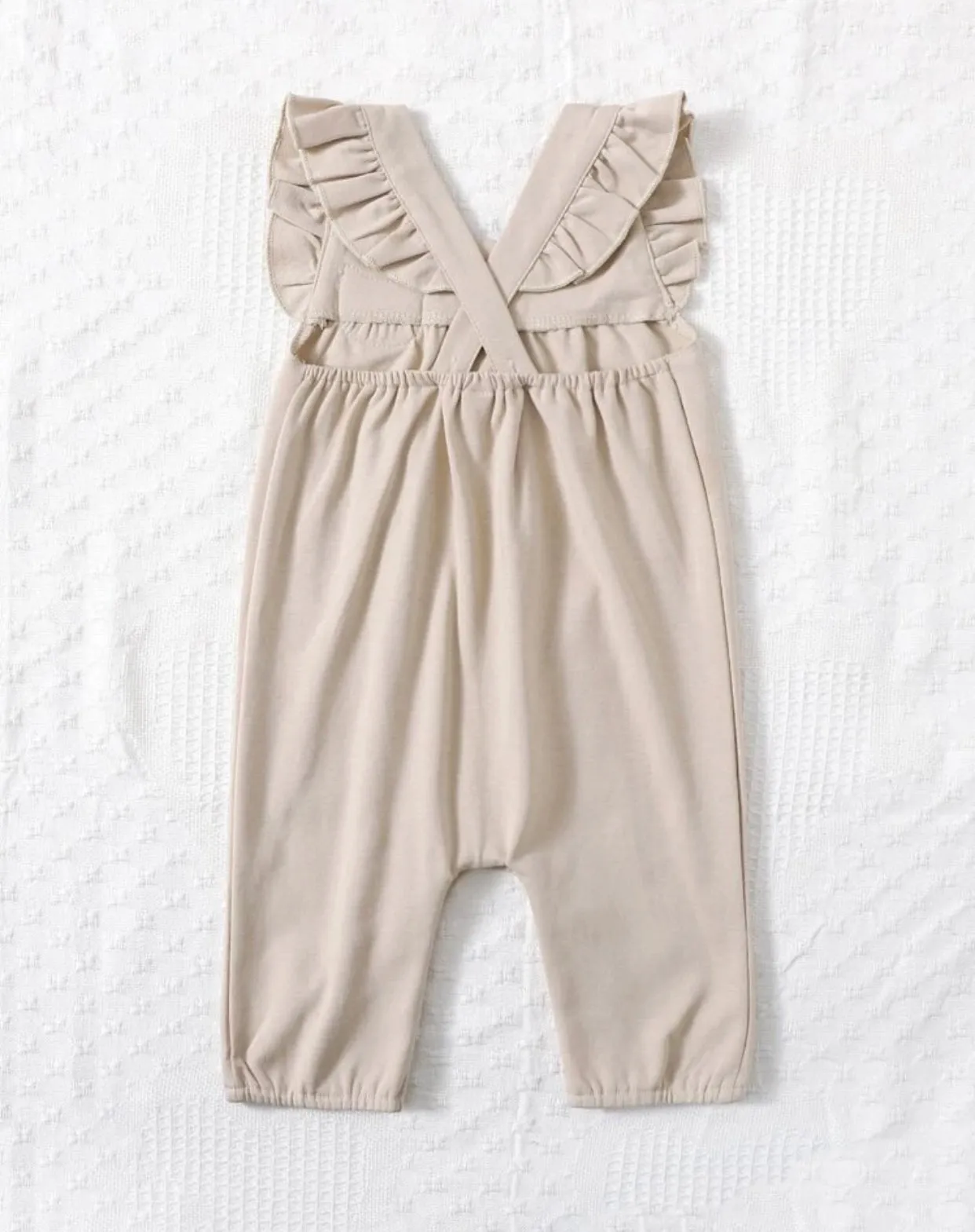 Khaki colored baby girl cartoon patched ruffle trim jumpsuit