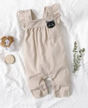 Khaki colored baby girl cartoon patched ruffle trim jumpsuit