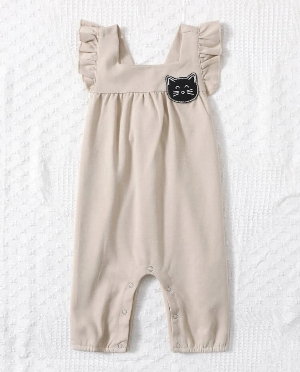 Khaki colored baby girl cartoon patched ruffle trim jumpsuit