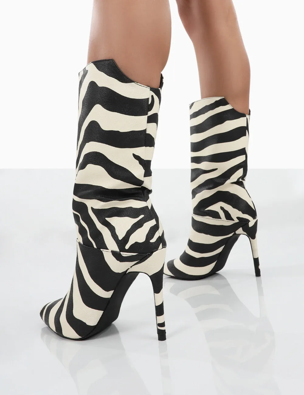 Lisel Zebra PU Pointed Toe Heeled Ankle Boots