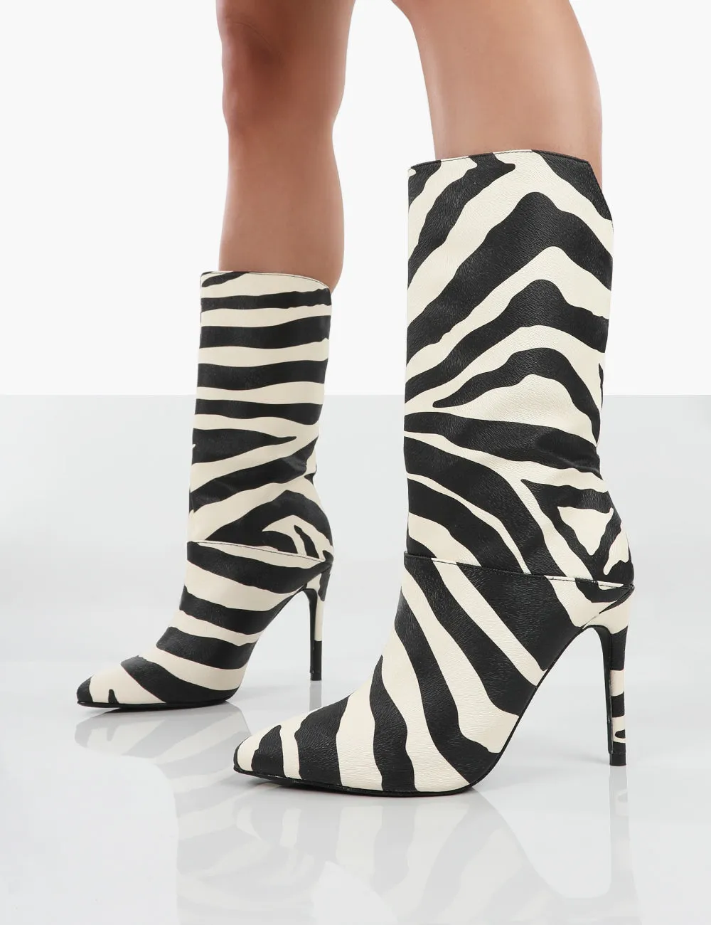 Lisel Zebra PU Pointed Toe Heeled Ankle Boots