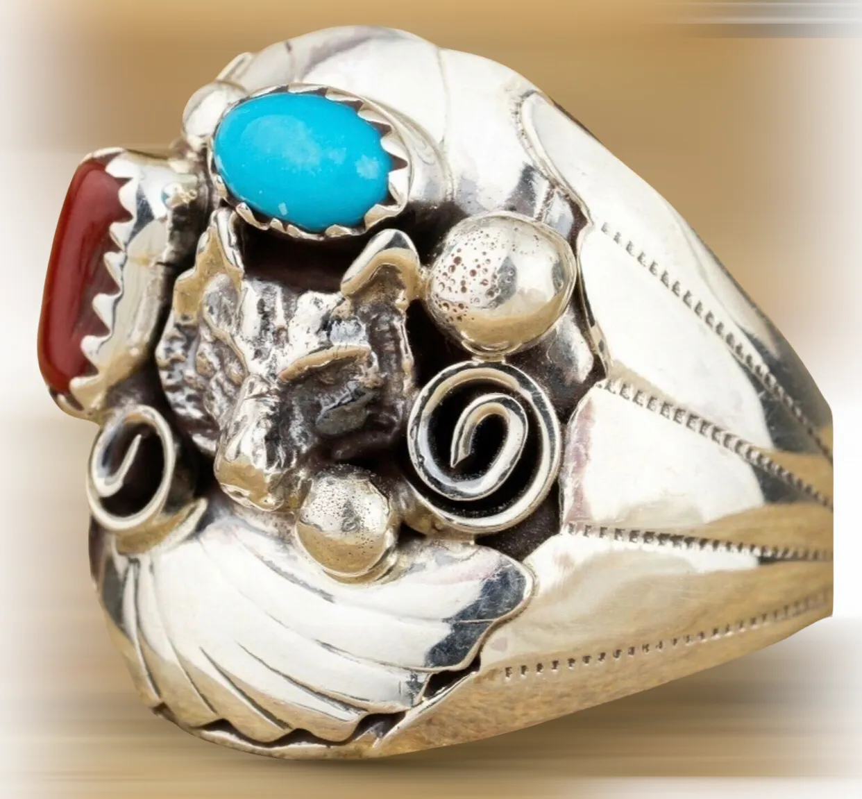 Native American style wolf decor coral and turquoise inspired statement ring. Size 11.