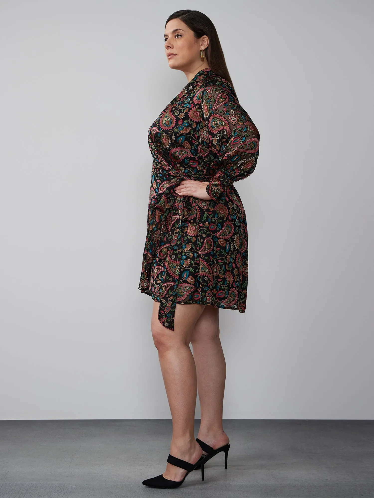 Plus Long Sleeve Velvet Paisley Mini Dress