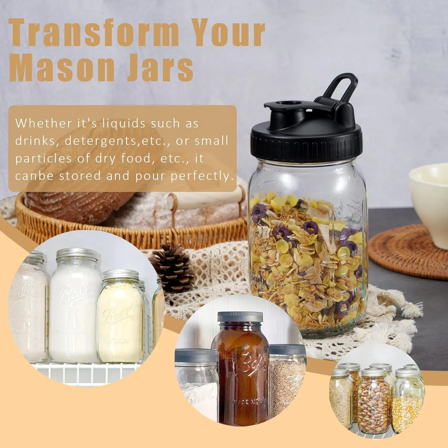 Pour Spout Lids for Ball Wide Mouth Mason Jars, Airtight Canning Jar Flip Cap Top Lid for Drinking, Salad, Dressing Pouring, Leak-Proof, Pack of 4
