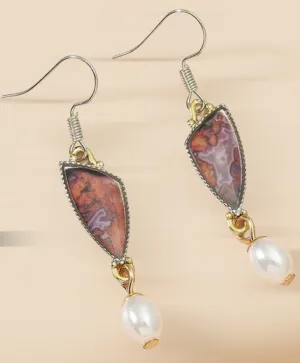 Retro agate inspired geometric Pearl dangle earrings