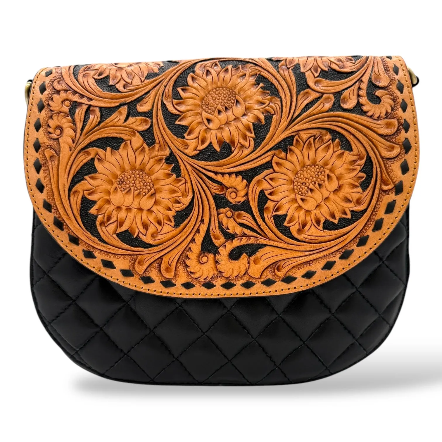 Sunflower Elegance Hand Tooled Leather and Quilted Detail Crossbody Bag